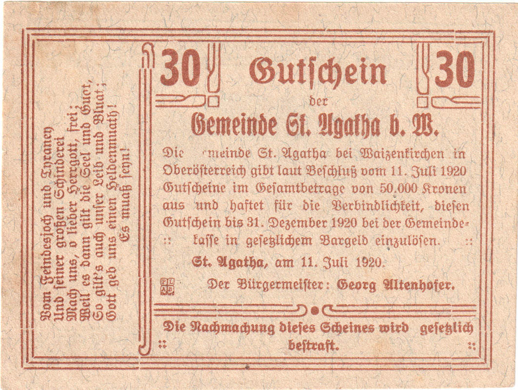 Austria, St Agatha, 30 Heller, cabane, 1920, 1920-12-31, EBC, Mehl:FS 877IId2