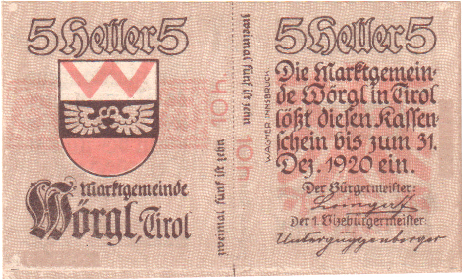 Austria, Worgl, 5 Heller, Blason, 1920, 1920-12-31, SC, Mehl:FS 1252a
