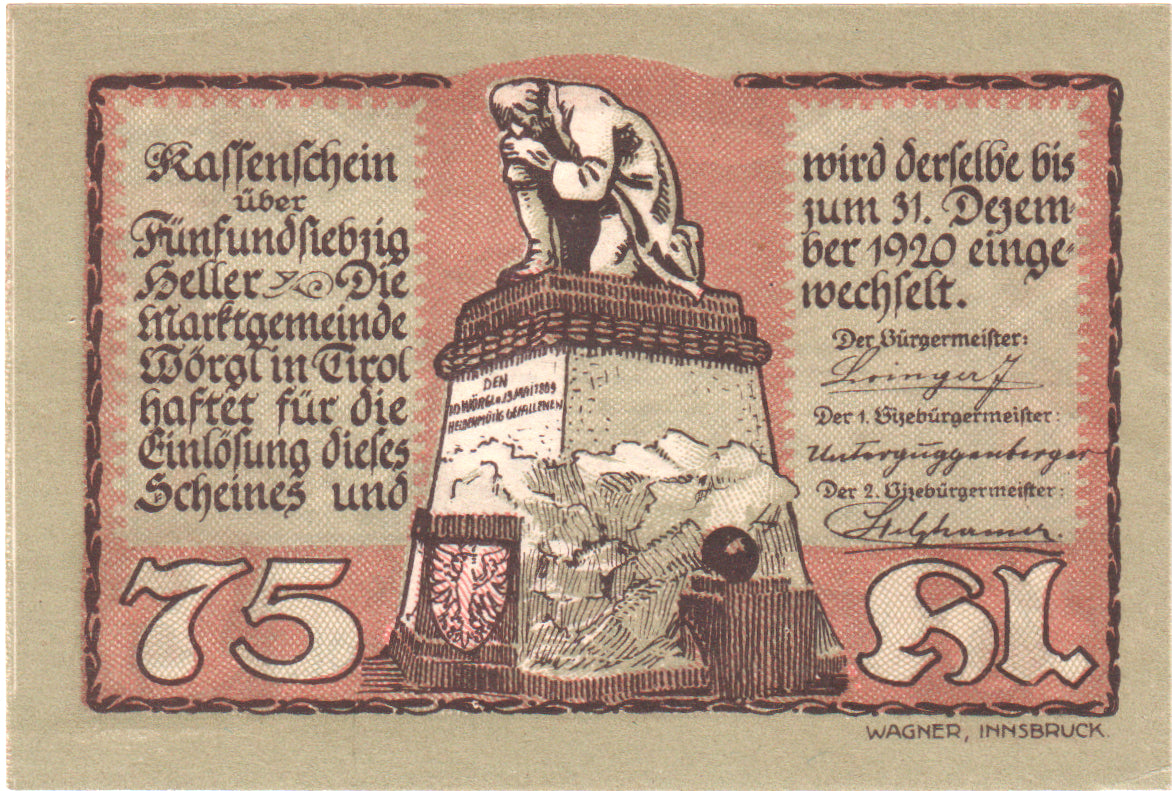 Austria, Worgl, 75 Heller, statue, 1920, 1920-12-31, UNC(63), Mehl:FS 1252a