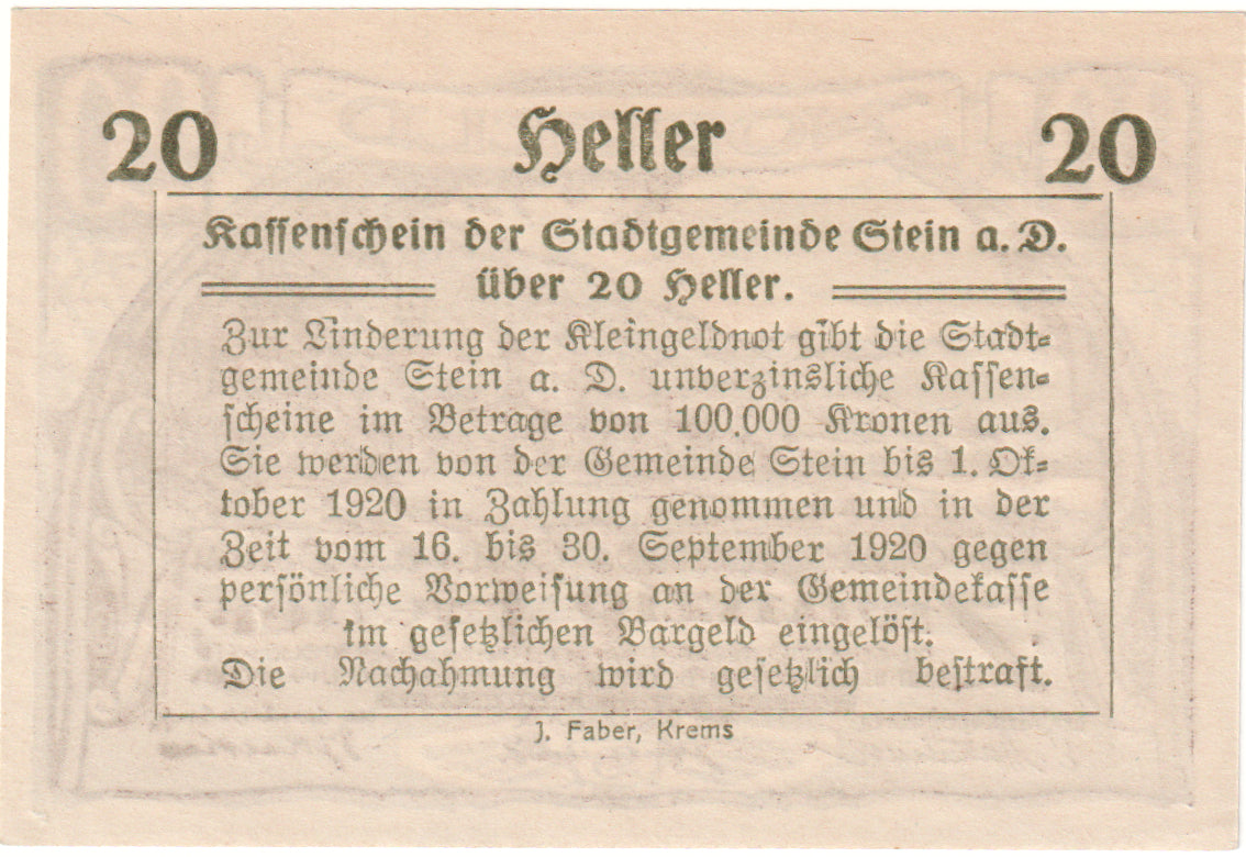 Autriche, Stein an der Donau, 20 Heller, paysage 1920-09-30, SPL Mehl:FS 1015I.2