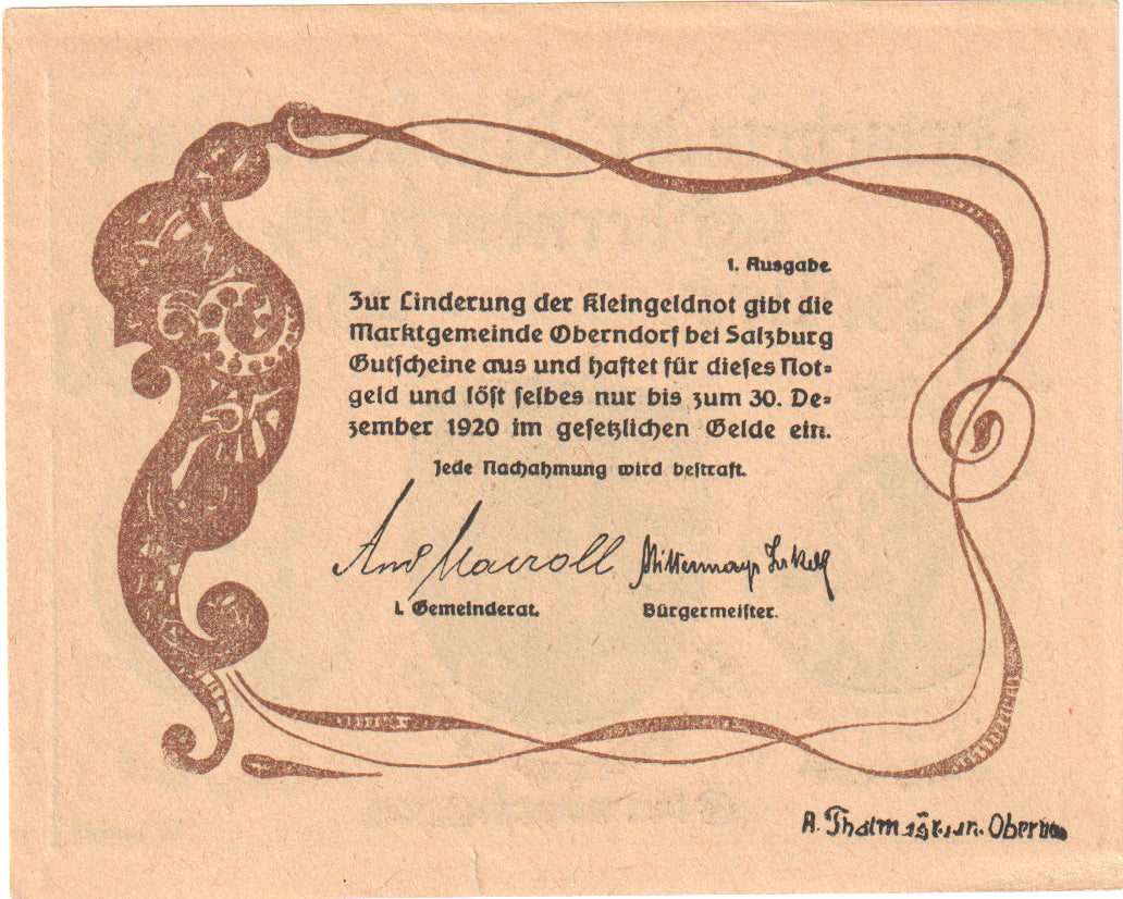 Autriche, Oberndorf, 20 Heller, personnage, 1920, 1920-12-31, SPL, Mehl:FS 690a