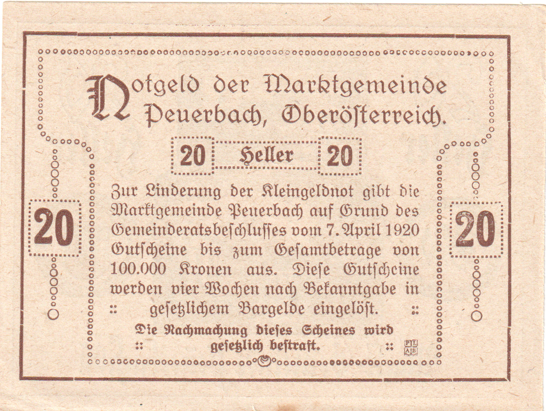 Austria, Peuerbach, 20 Heller, Ville, 1920, 1920-04-07, SC, Mehl:FS 741IIa