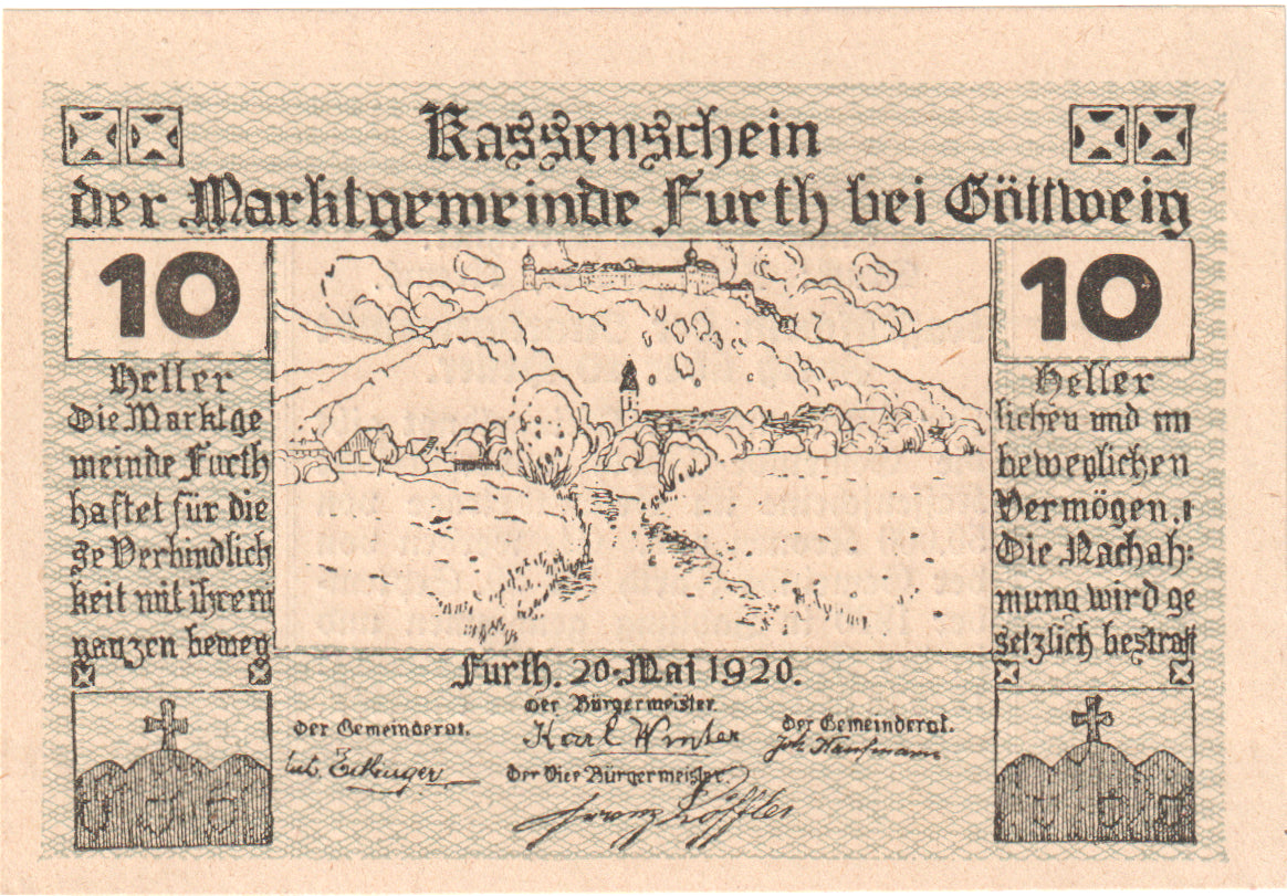 Austria, Furth, 10 Heller, château, 1920, 1920-09-30, UNC(63), Mehl:FS 214b