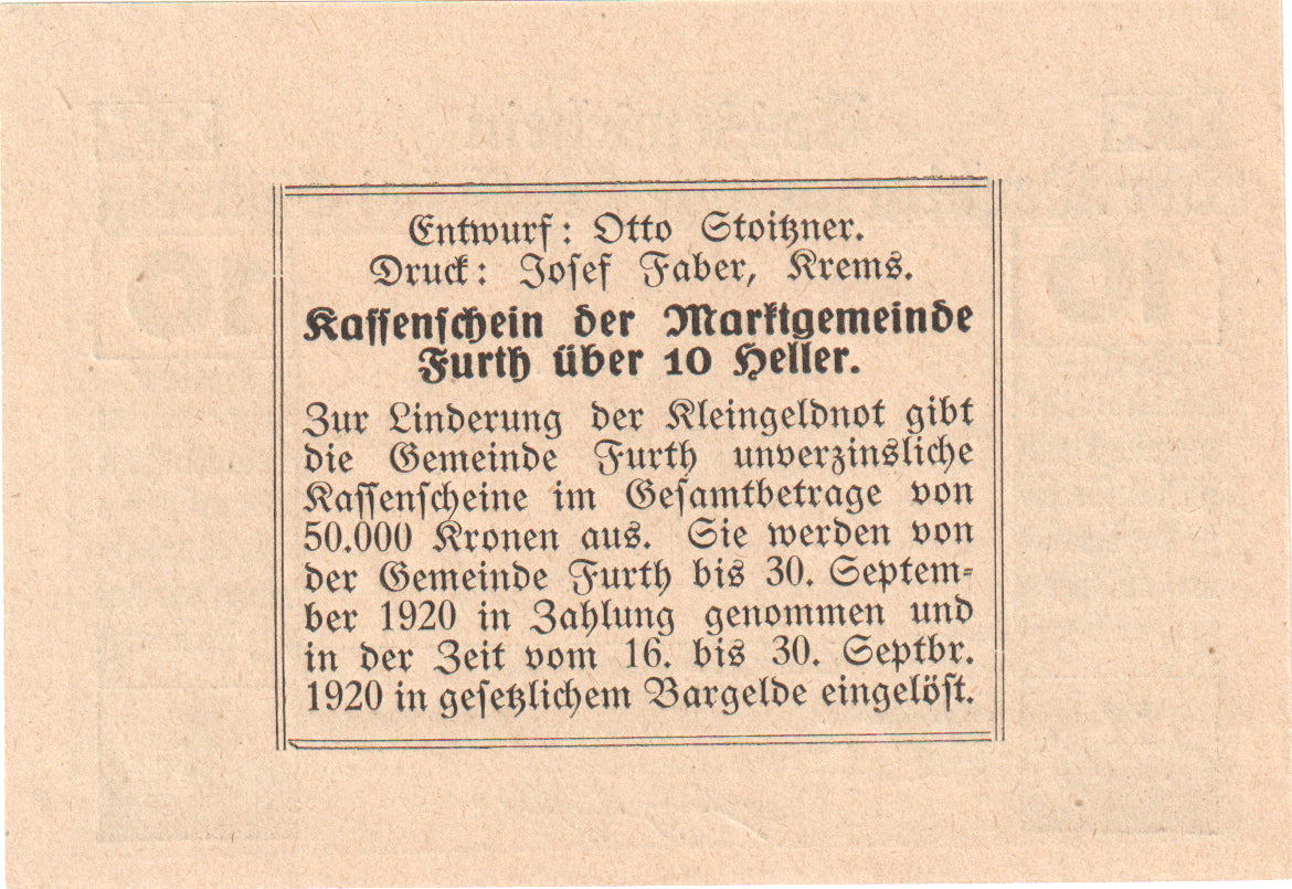 Austria, Furth, 10 Heller, château, 1920, 1920-09-30, UNC(63), Mehl:FS 214b