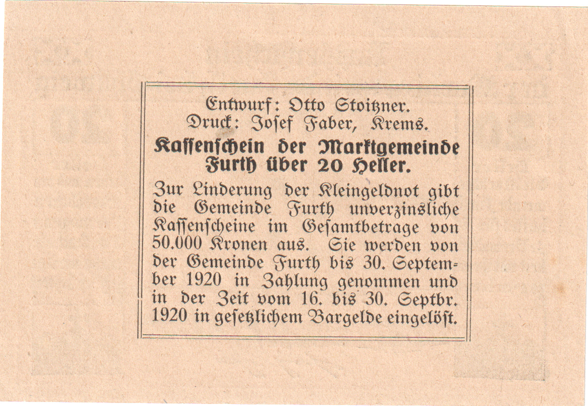 Austria, Furth, 20 Heller, village, 1920, 1920-09-30, SC, Mehl:FS 214c