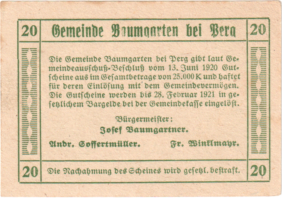 Austria, Baumgarten, 20 Heller, personnage 1921-02-28, AU(55-58), Mehl:FS 78b