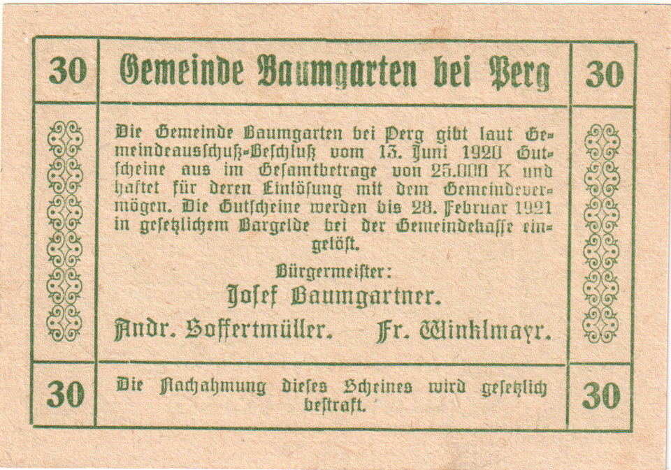 Austria, Baumgarten, 30 Heller, champs, 1921, 1921-02-28, SC, Mehl:FS 78b