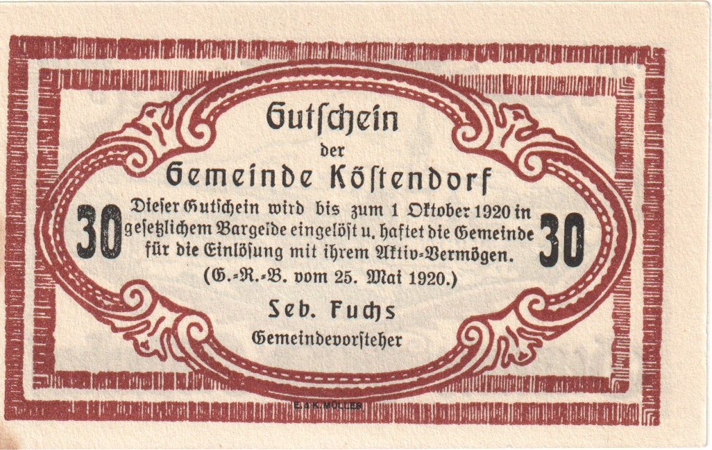 Austria, Köstendorf, 30 Heller, village, 1920, 1920-10-01, SC, Mehl:FS 469a