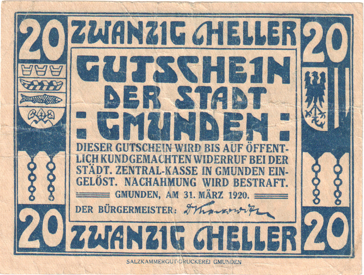 Oostenrijk, Gmunden, 20 Heller, Blason, 1920, 1920-03-31, TTB, Mehl:FS 240IIa