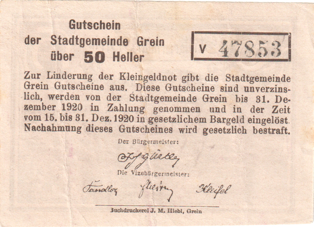 Austria, Grein, 50 Heller, village, 1920, 1920-12-31, EF(40-45), Mehl:FS 276Ib