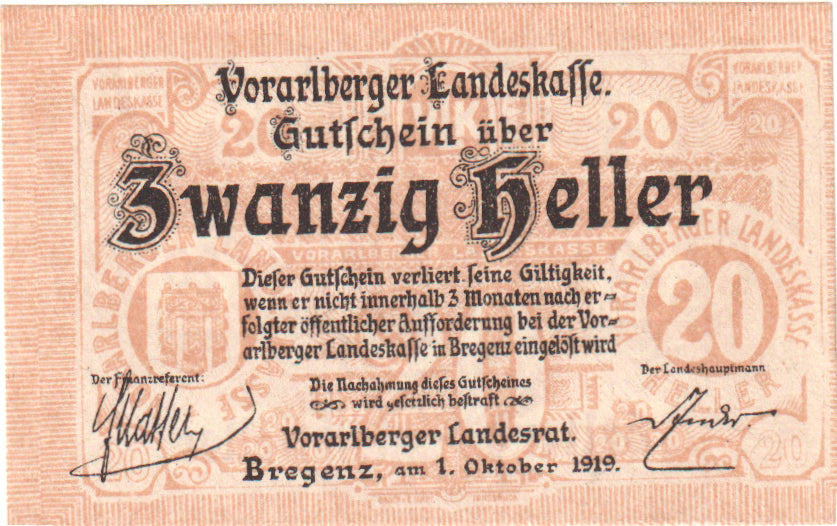Oostenrijk, Vorarlberger, 20 Heller, Blason 1919-10-01, SPL, Mehl:FS 1118I