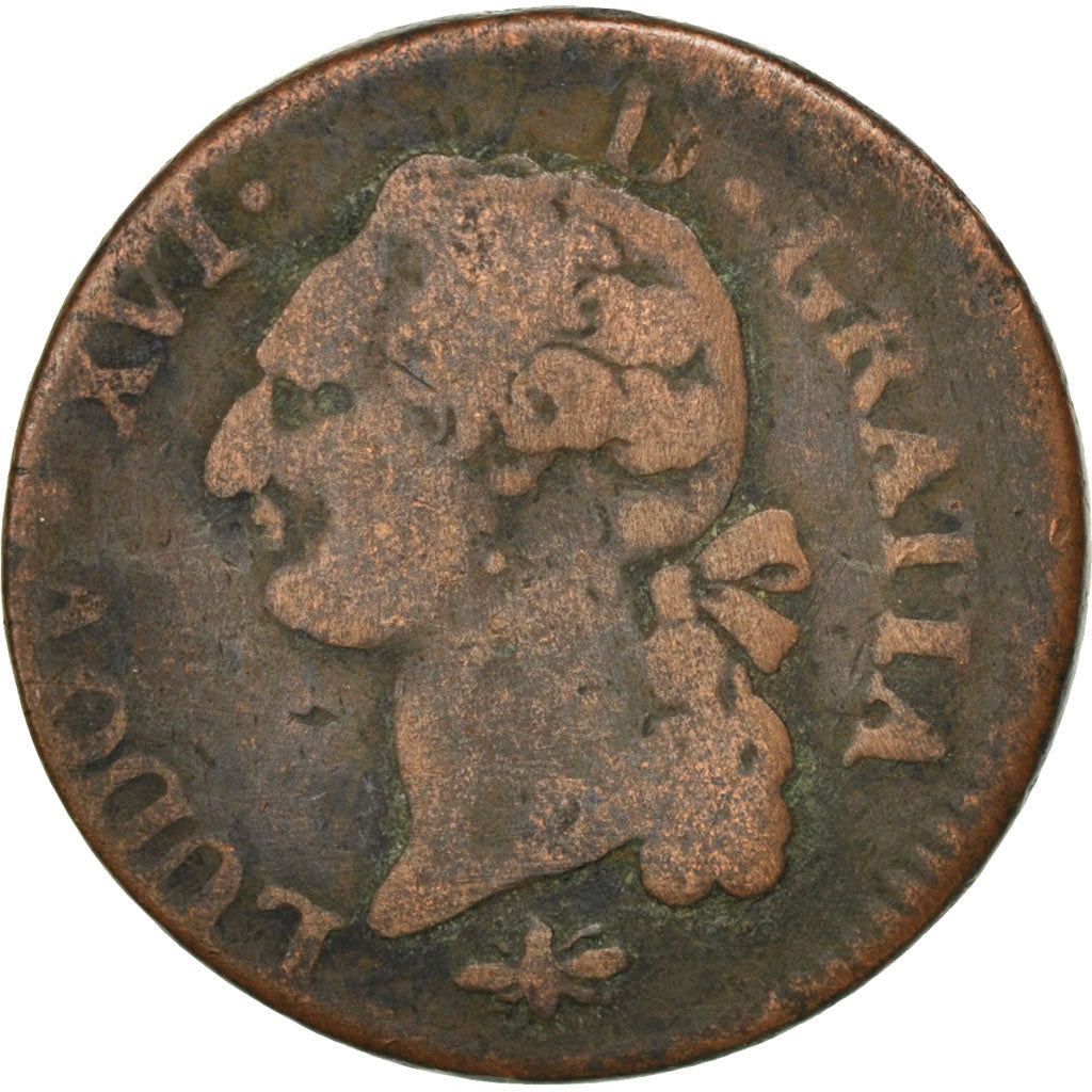FRANCE, Sol ou sou, Sol, 1791, Lyon, KM #578.5, F(12-15), Copper, Gadoury #350,.