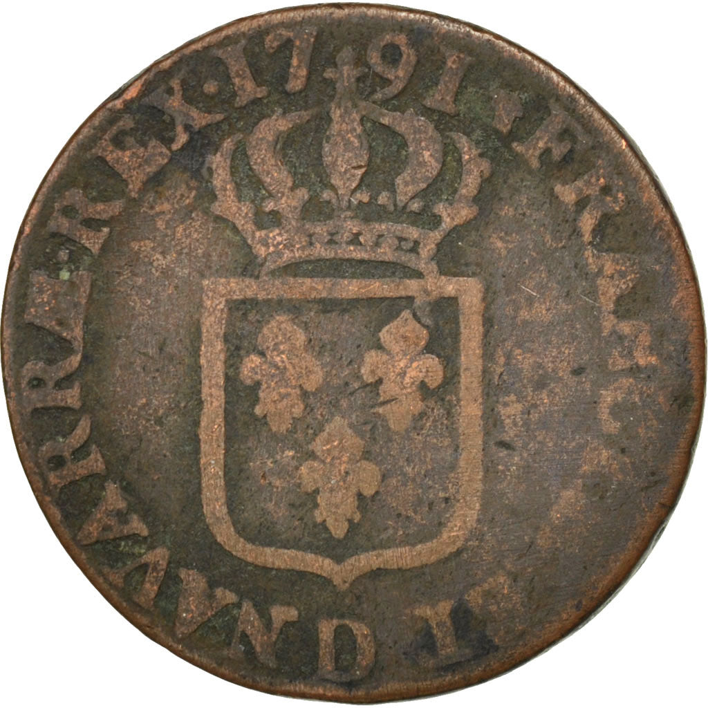 FRANCE, Sol ou sou, Sol, 1791, Lyon, KM #578.5, F(12-15), Copper, Gadoury #350,.
