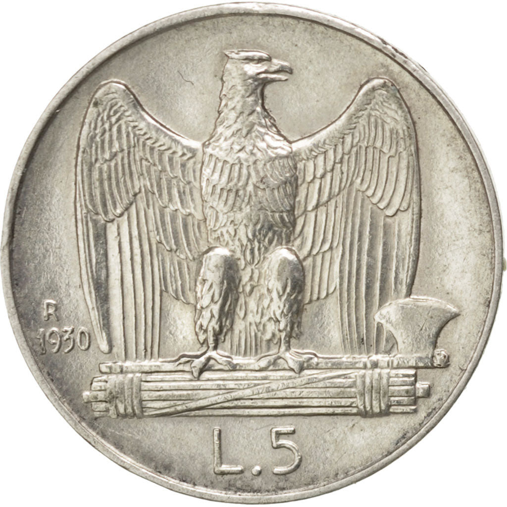 ITALY, 5 Lire, 1930, Rome, KM #67.1, AU(50-53), Silver, 23, 5.00