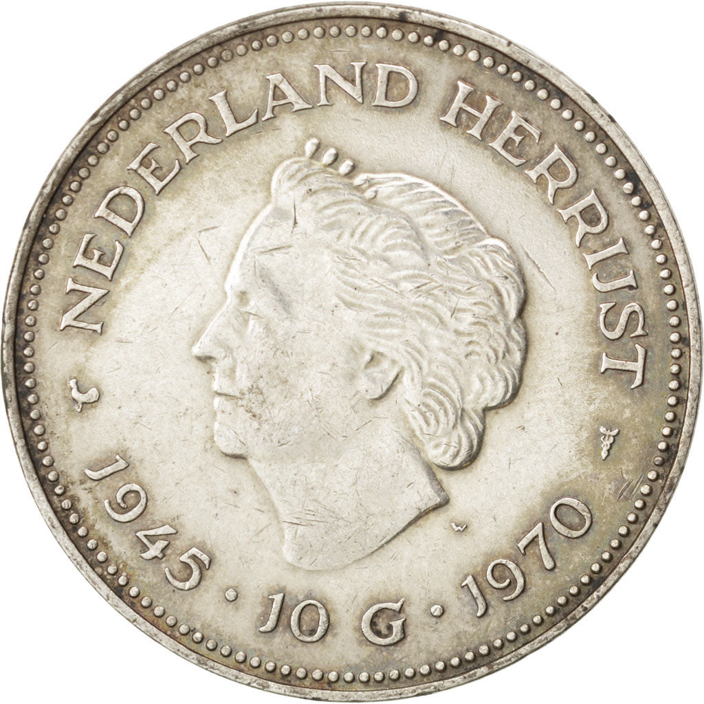 NETHERLANDS, 10 Gulden, 1970, KM #195, AU(50-53), Silver, 38, 24.96