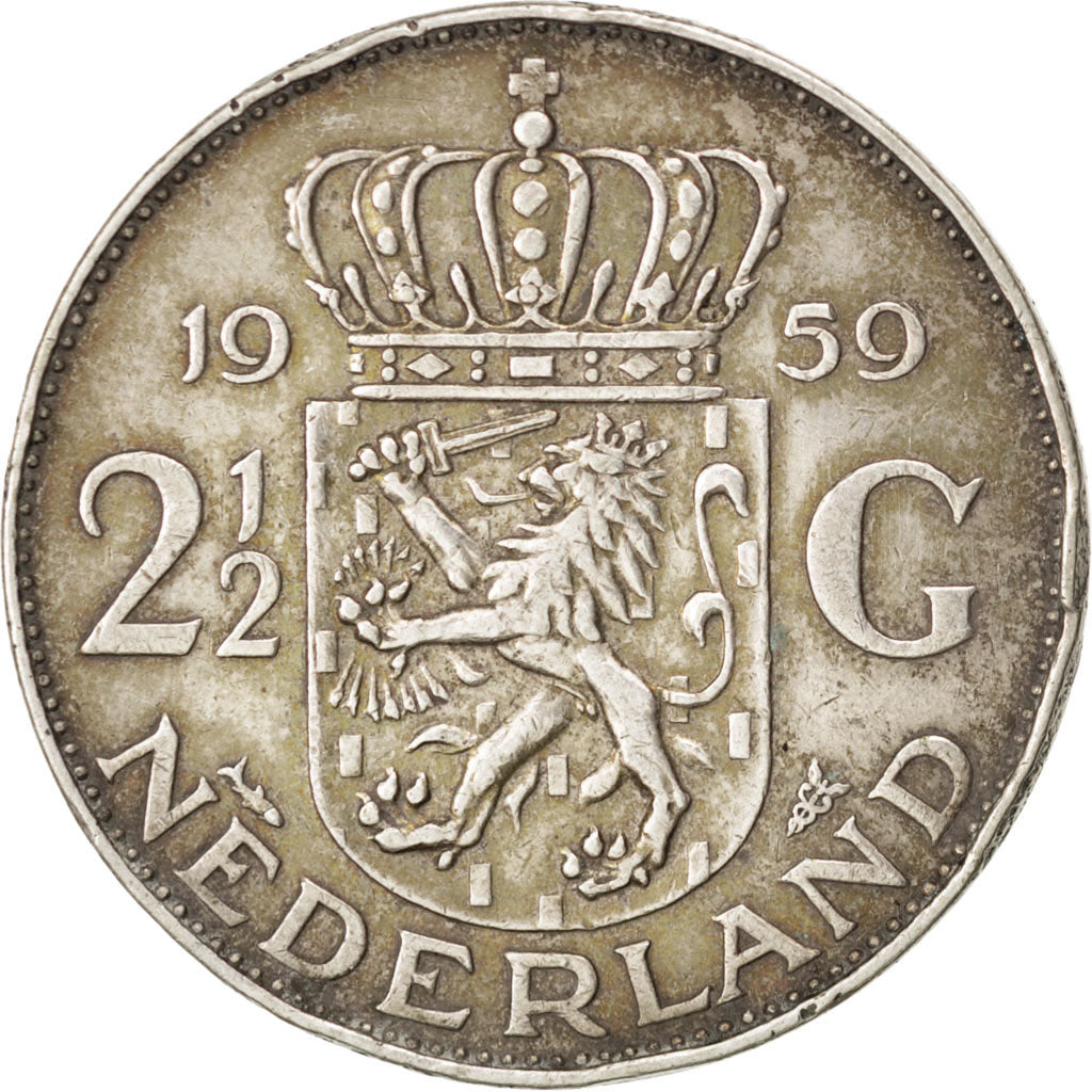 NETHERLANDS, 2-1/2 Gulden, 1959, KM #185, EF(40-45), Silver, 33, 14.91
