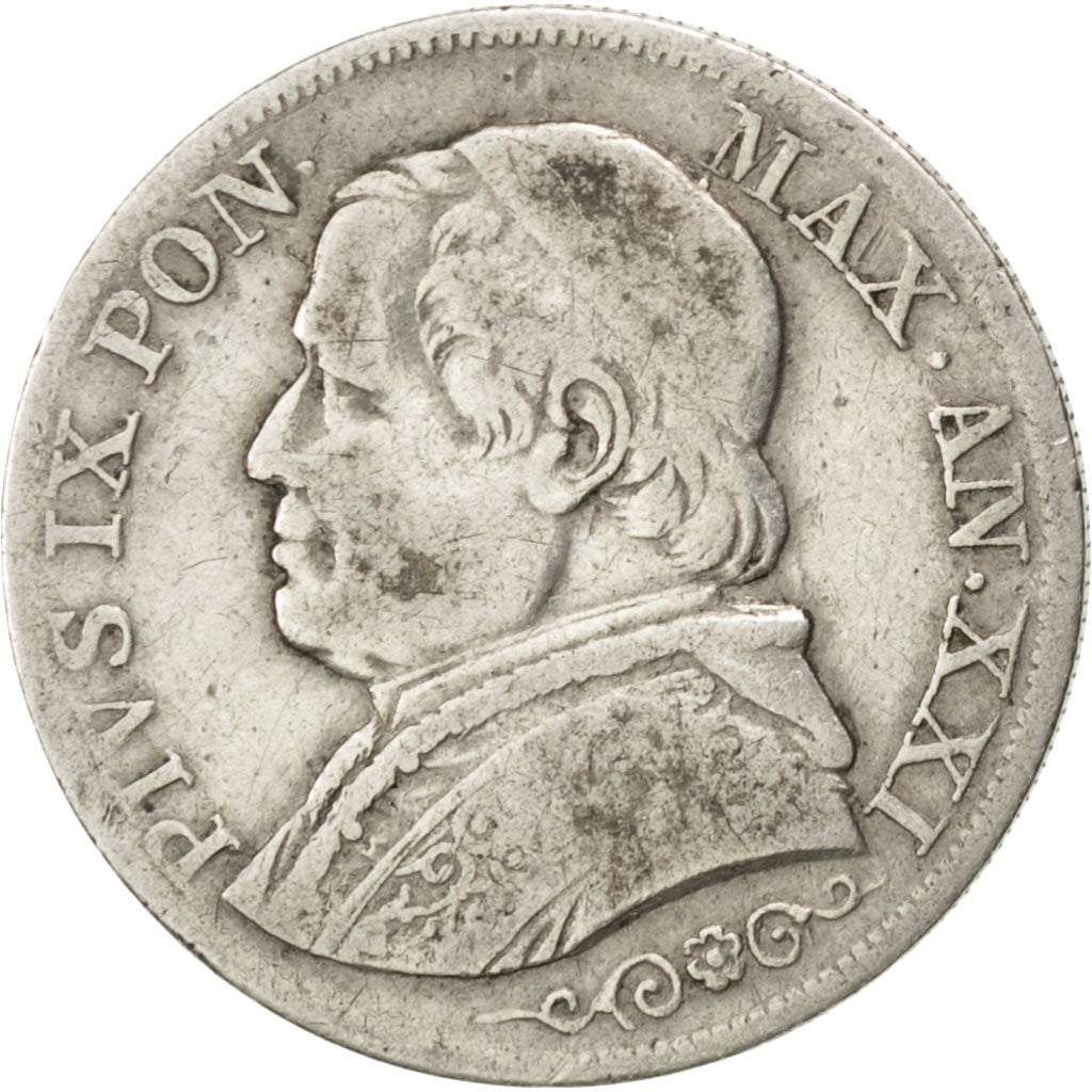 ITALIAN STATES, Lira, 1867, Roma, KM #1378, VF(20-25), Silver, 4.90