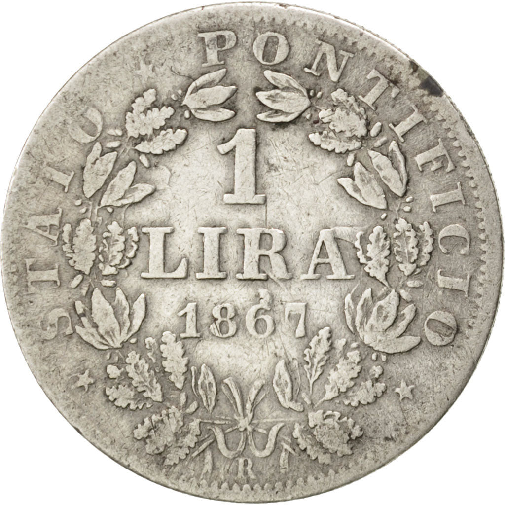 ITALIAN STATES, Lira, 1867, Roma, KM #1378, VF(20-25), Silver, 4.90