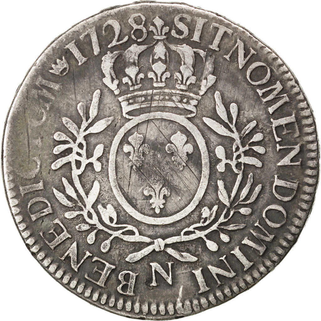 FRANCE, Écu aux branches d'olivier, ECU, 1728, Montpellier, KM #486.14, ...