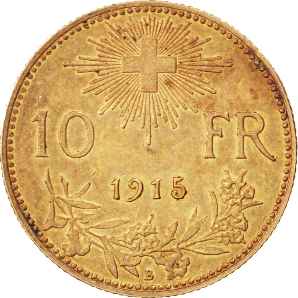 SWITZERLAND, 10 Francs, 1915, Bern, KM #36, AU(55-58), Gold, 3.23