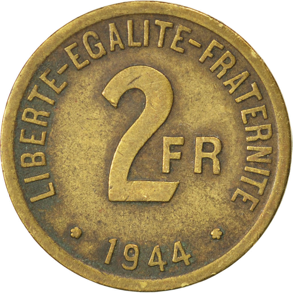 FRANCE, France Libre, 2 Francs, 1944, Philadelphia, KM #905, EF(40-45), Brass,..
