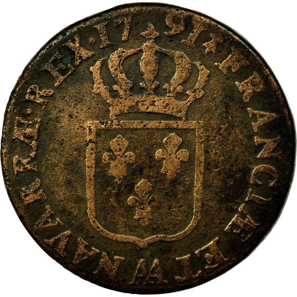 Coin, France, Louis XVI, Sol ou sou, Sol, 1791, Metz, VF(20-25), Copper