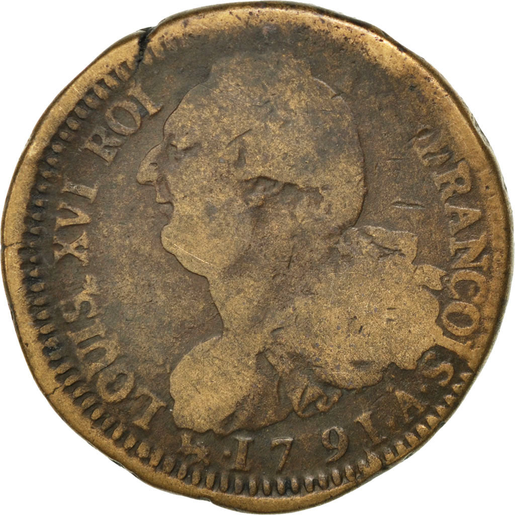 FRANCE, 2 sols françois, 2 Sols, 1791, Paris, KM #603.1, F(12-15), Bronze, G...