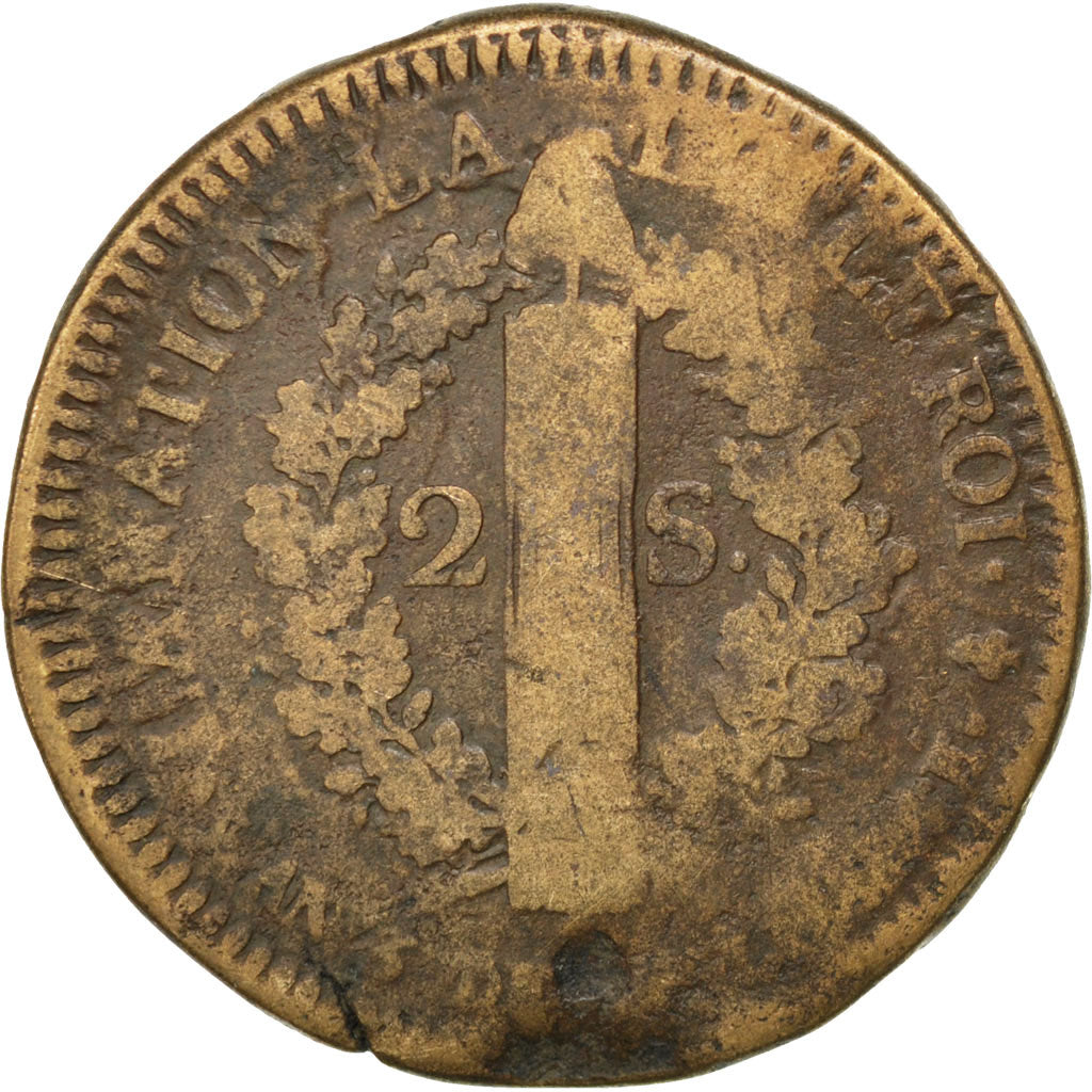 FRANCE, 2 sols françois, 2 Sols, 1791, Paris, KM #603.1, F(12-15), Bronze, G...