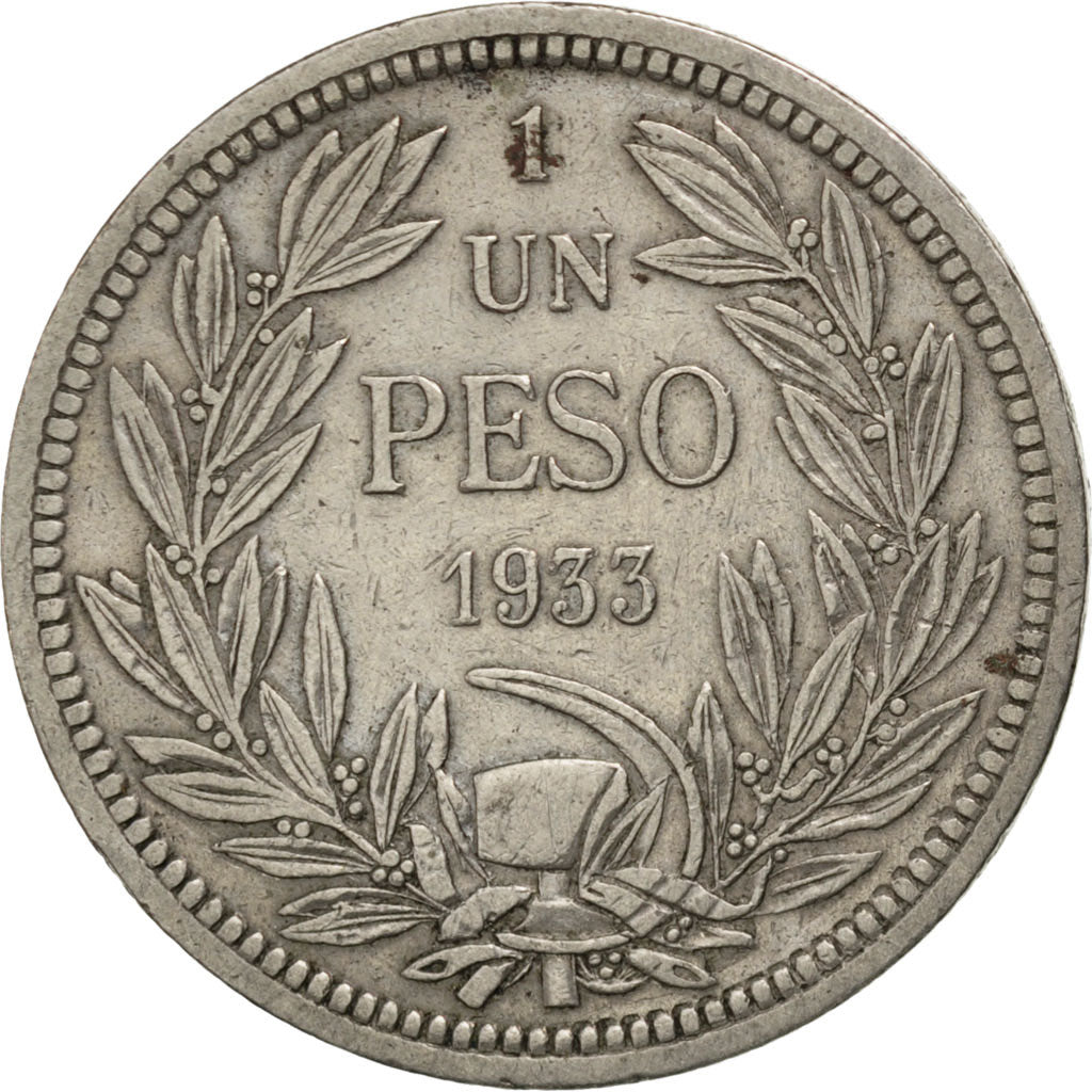 CHILE, Peso, 1933, Santiago, KM #176.1, EF(40-45), Copper-Nickel, 29, 9.92