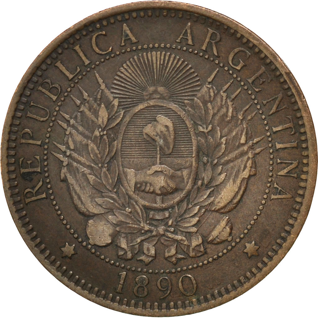 ARGENTINA, 2 Centavos, 1890, KM #33, EF(40-45), Bronze, 30, 9.43
