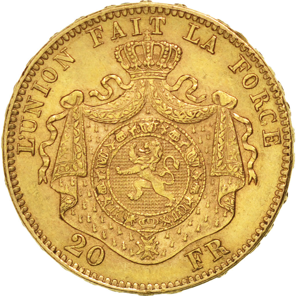 BELGIUM, 20 Francs, 20 Frank, 1875, KM #37, AU(50-53), Gold, 6.44