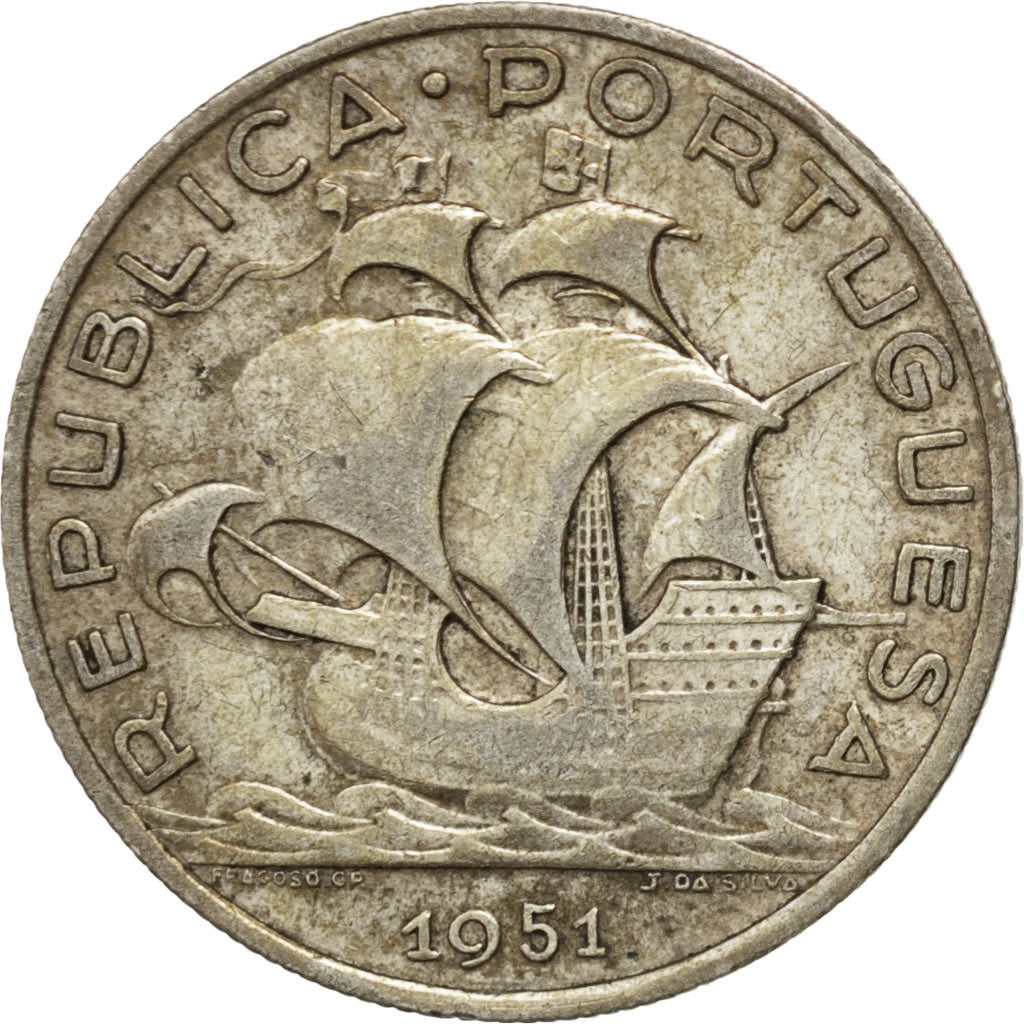 PORTUGAL, 5 Escudos, 1951, KM #581, EF(40-45), Silver, 28.4, 6.92