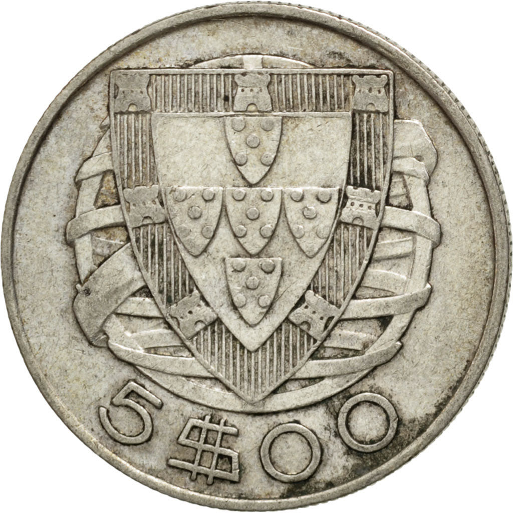 PORTUGAL, 5 Escudos, 1951, KM #581, EF(40-45), Silver, 28.4, 6.92