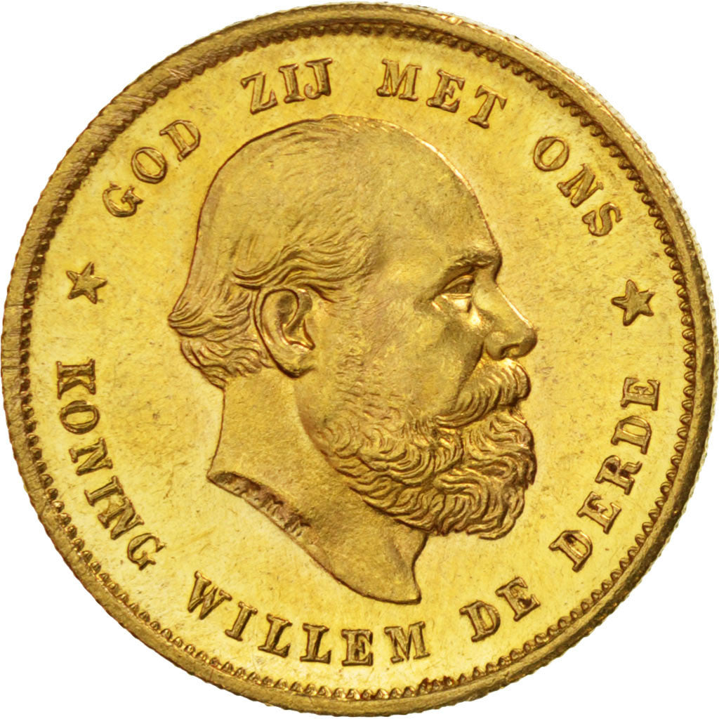 NETHERLANDS, 10 Gulden, 1889, Utrecht, KM #106, MS(63), Gold, 22.5, 6.74