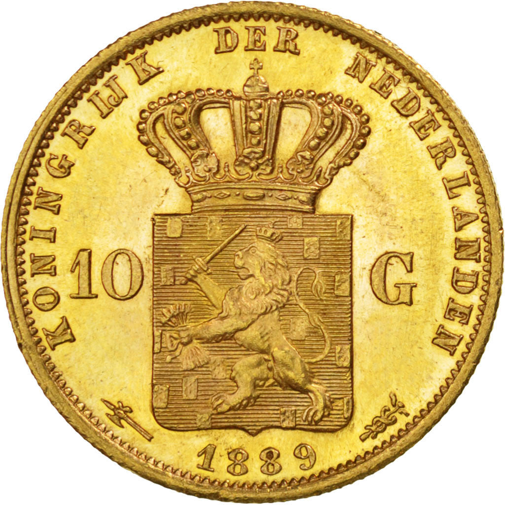 NETHERLANDS, 10 Gulden, 1889, Utrecht, KM #106, MS(63), Gold, 22.5, 6.74
