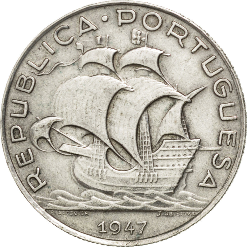 PORTUGAL, 5 Escudos, 1947, KM #581, AU(55-58), Silver, 28.4, 6.74