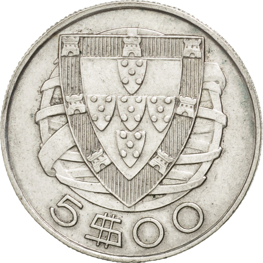 PORTUGAL, 5 Escudos, 1947, KM #581, AU(55-58), Silver, 28.4, 6.74