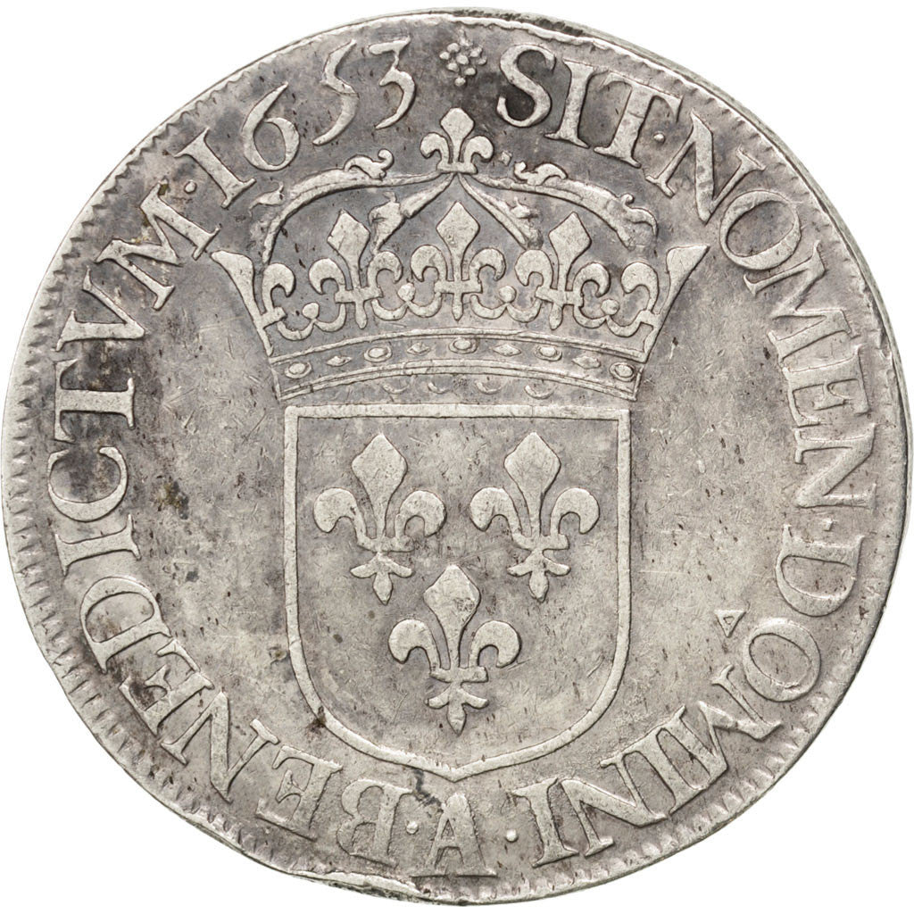 FRANCE, Écu à la mèche longue, ECU, 1653, Paris, KM #155.1, VF(30-35), Silver, G