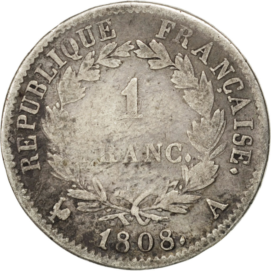 FRANCE, Napoléon I, Franc, 1808, Paris, KM #682.1, VF(20-25), Silver, Gadoury #.