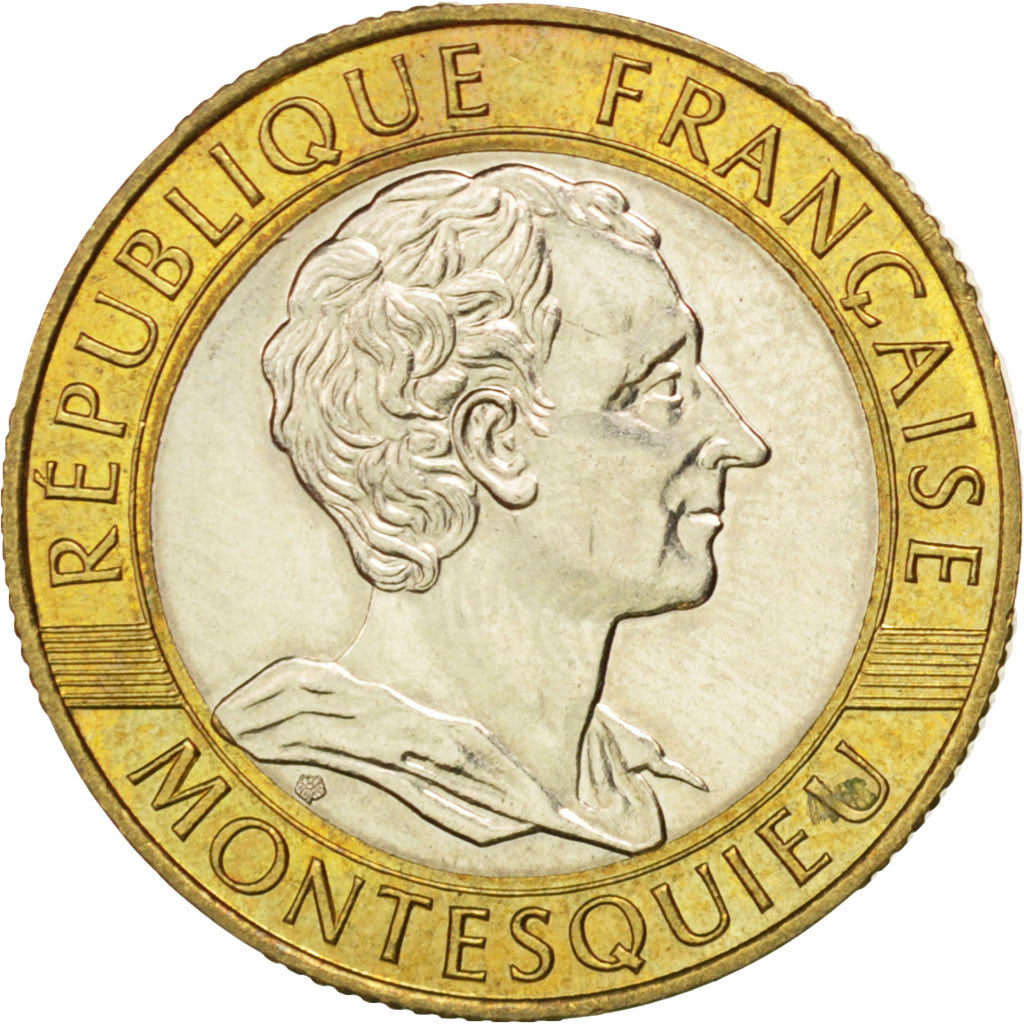 FRANCE, Montesquieu, 10 Francs, 1989, KM #969, AU(55-58), Bi-Metallic, 23,...