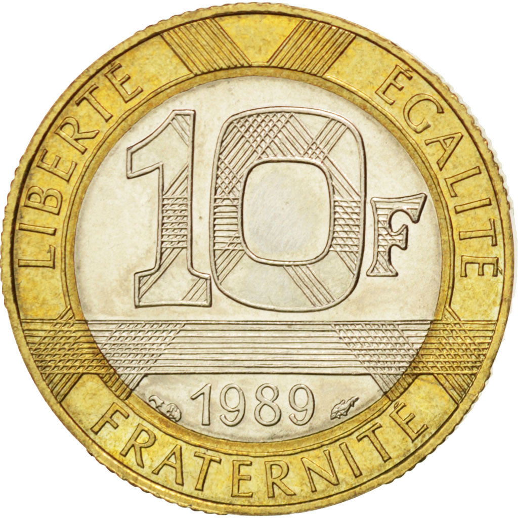 FRANCE, Montesquieu, 10 Francs, 1989, KM #969, AU(55-58), Bi-Metallic, 23,...