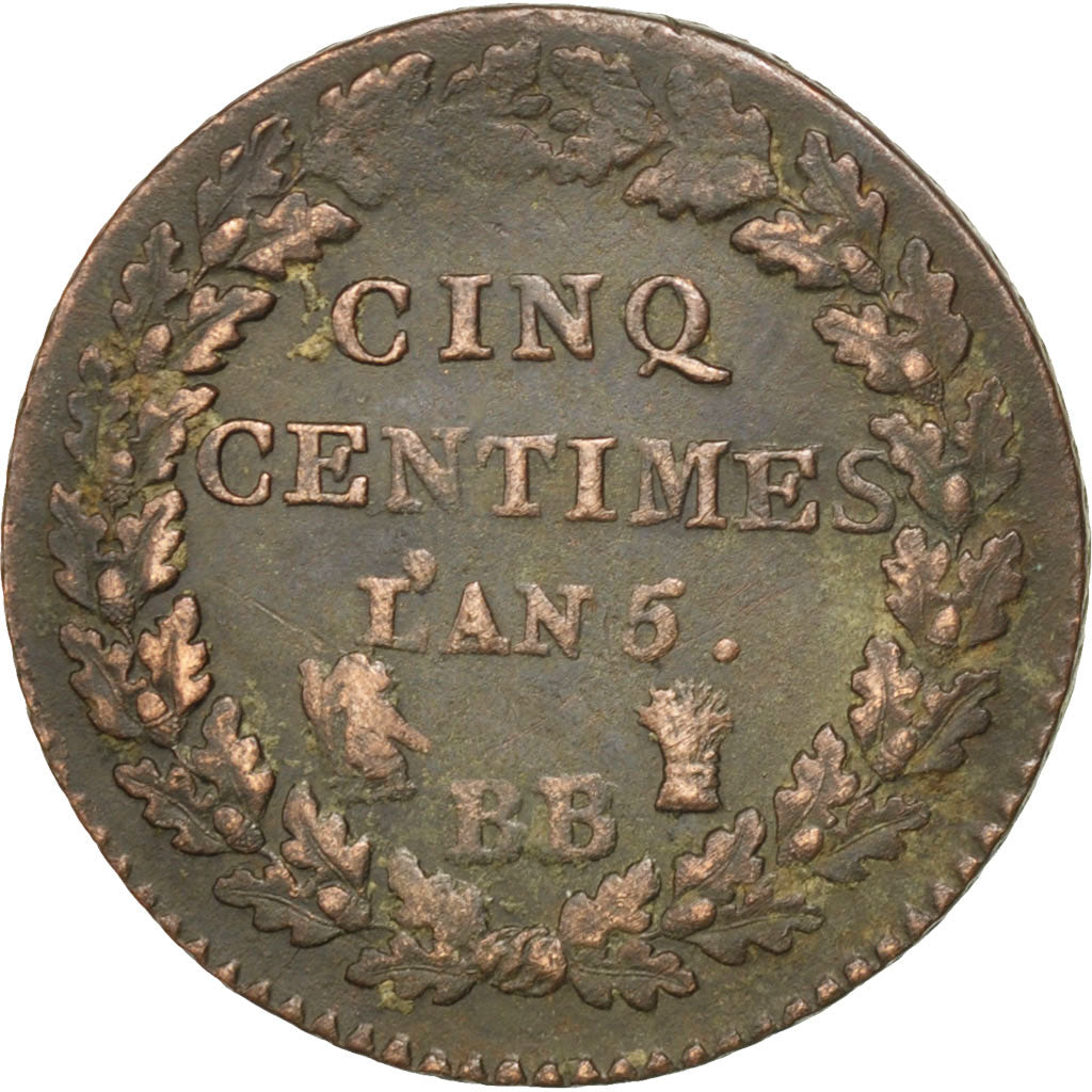 FRANCE, Dupré, 5 Centimes, 1796, Strasbourg, KM #640.4, EF(40-45), Bronze, 28, G
