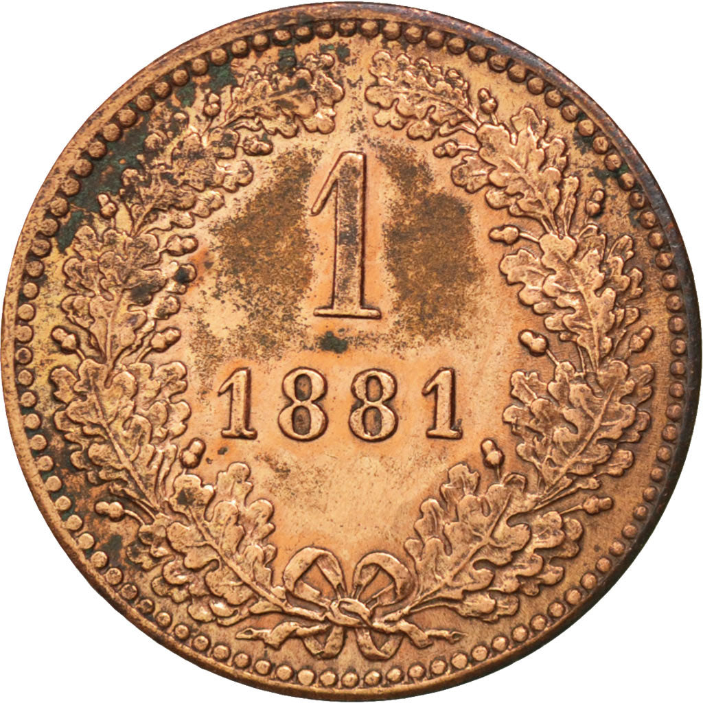 AUSTRIA, Kreuzer, 1881, KM #2186, AU(50-53), Copper, 19.25, 3.32