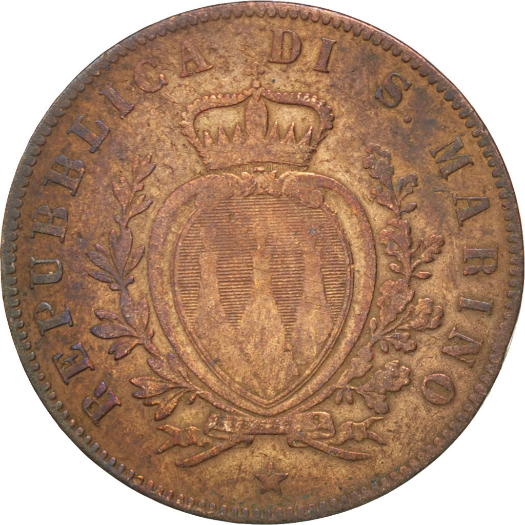 SAN MARINO, 5 Centesimi, 1864, Milan, KM #1, VF(30-35), Copper, 25, 4.81