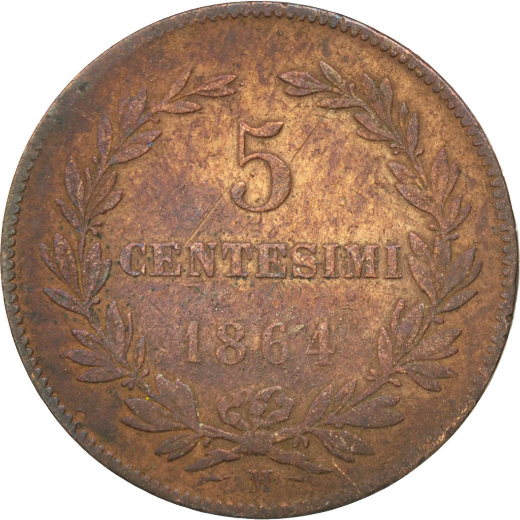 SAN MARINO, 5 Centesimi, 1864, Milan, KM #1, VF(30-35), Copper, 25, 4.81