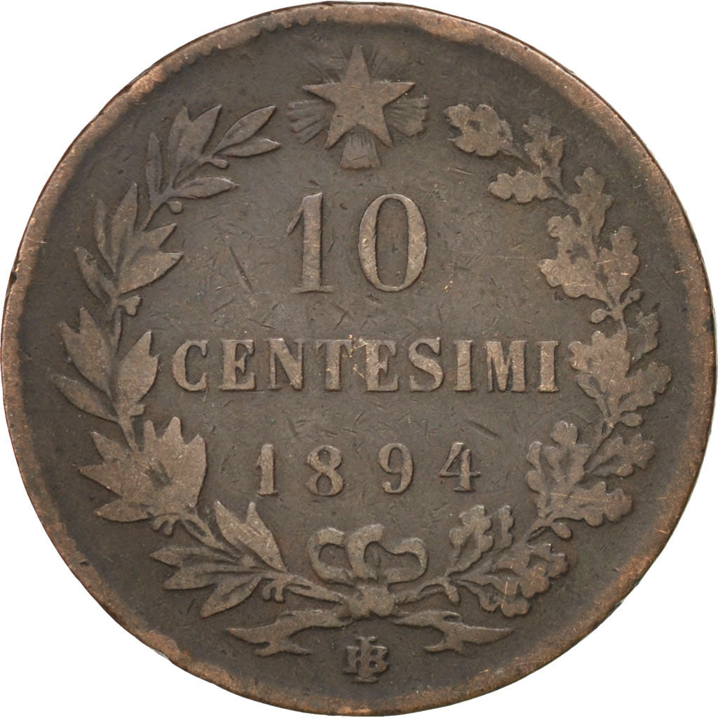 ITALY, 10 Centesimi, 1894, Birmingham, KM #27.1, VF(20-25), Copper, 9.72