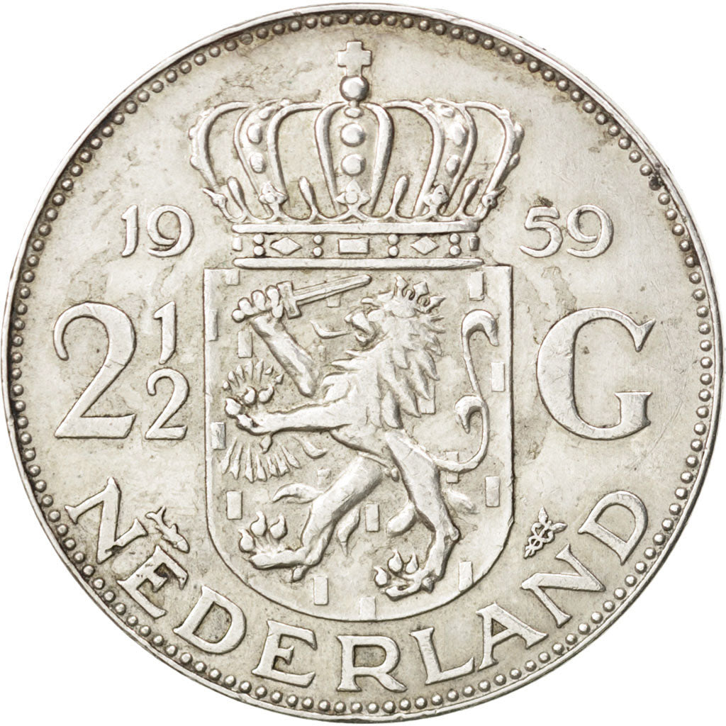 NETHERLANDS, 2-1/2 Gulden, 1959, KM #185, EF(40-45), Silver, 33, 15.01
