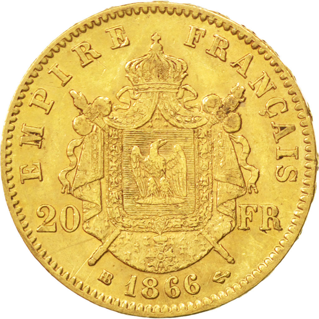 FRANCE, Napoléon III, 20 Francs, 1866, Strasbourg, KM #801.2, AU(50-53), Gold, G