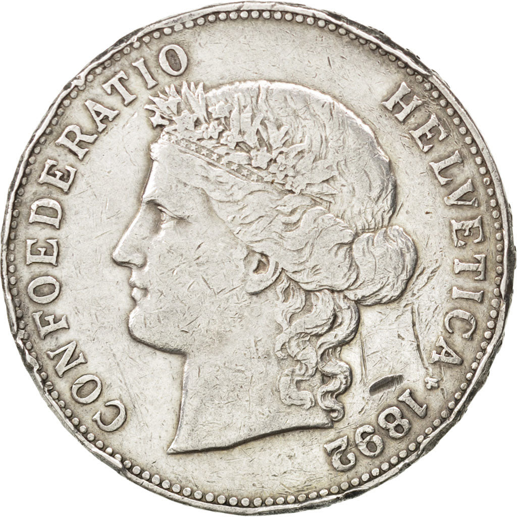 SWITZERLAND, 5 Francs, 1892, Bern, KM #34, VF(20-25), Silver, 37, 24.89
