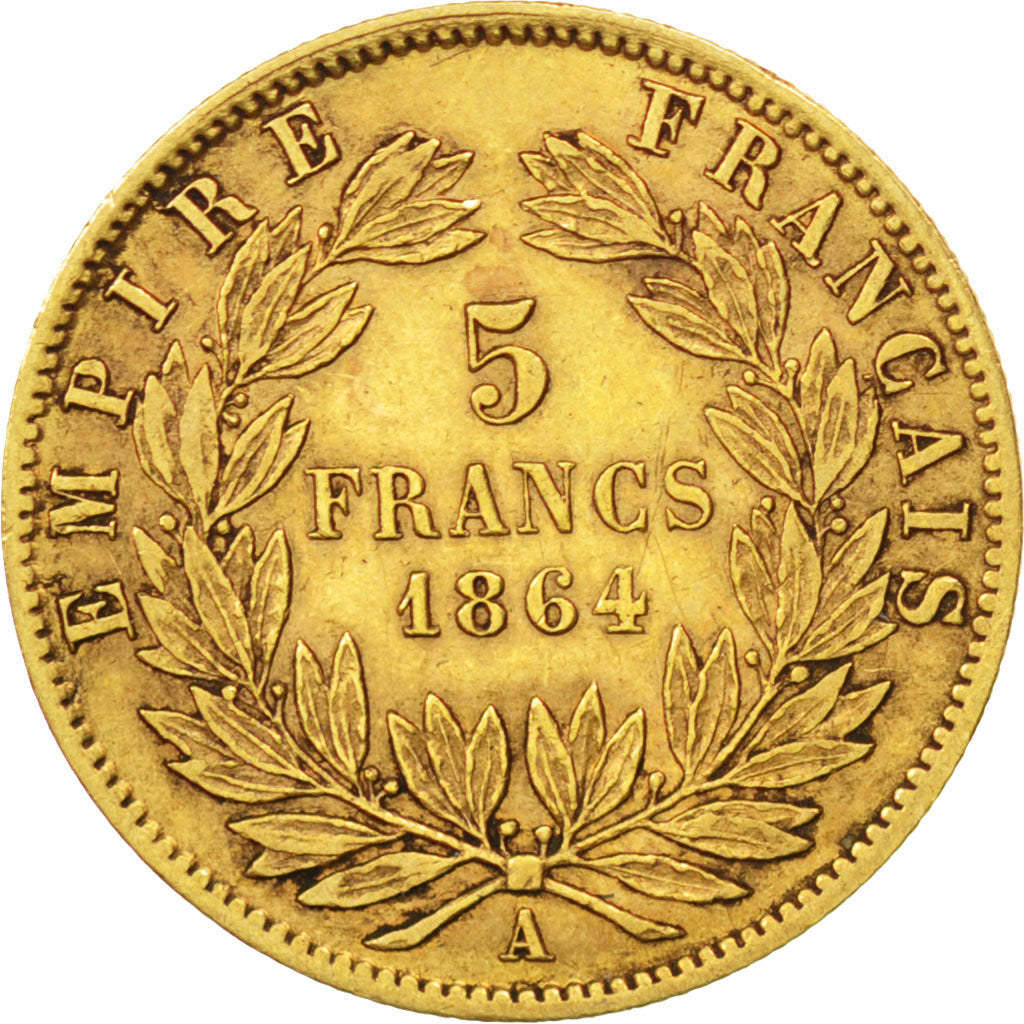 Second Empire, 5 Francs or Napoléon III tête laurée 1864 Paris, KM 803.1